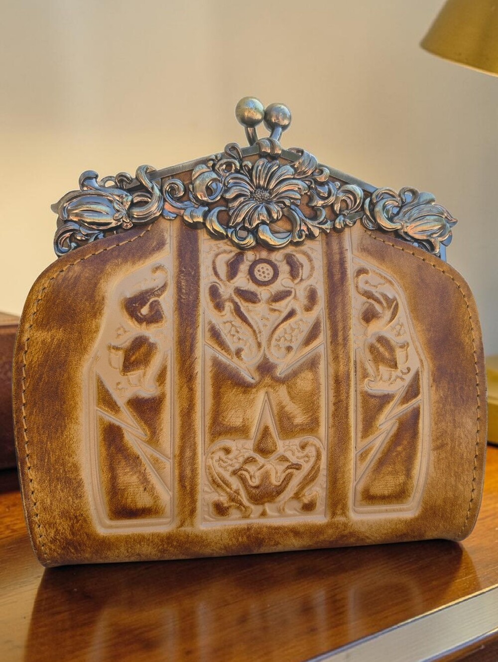 Patricia Nash Burnished Tooled Rosaria Frame Kiss Lock Clutch